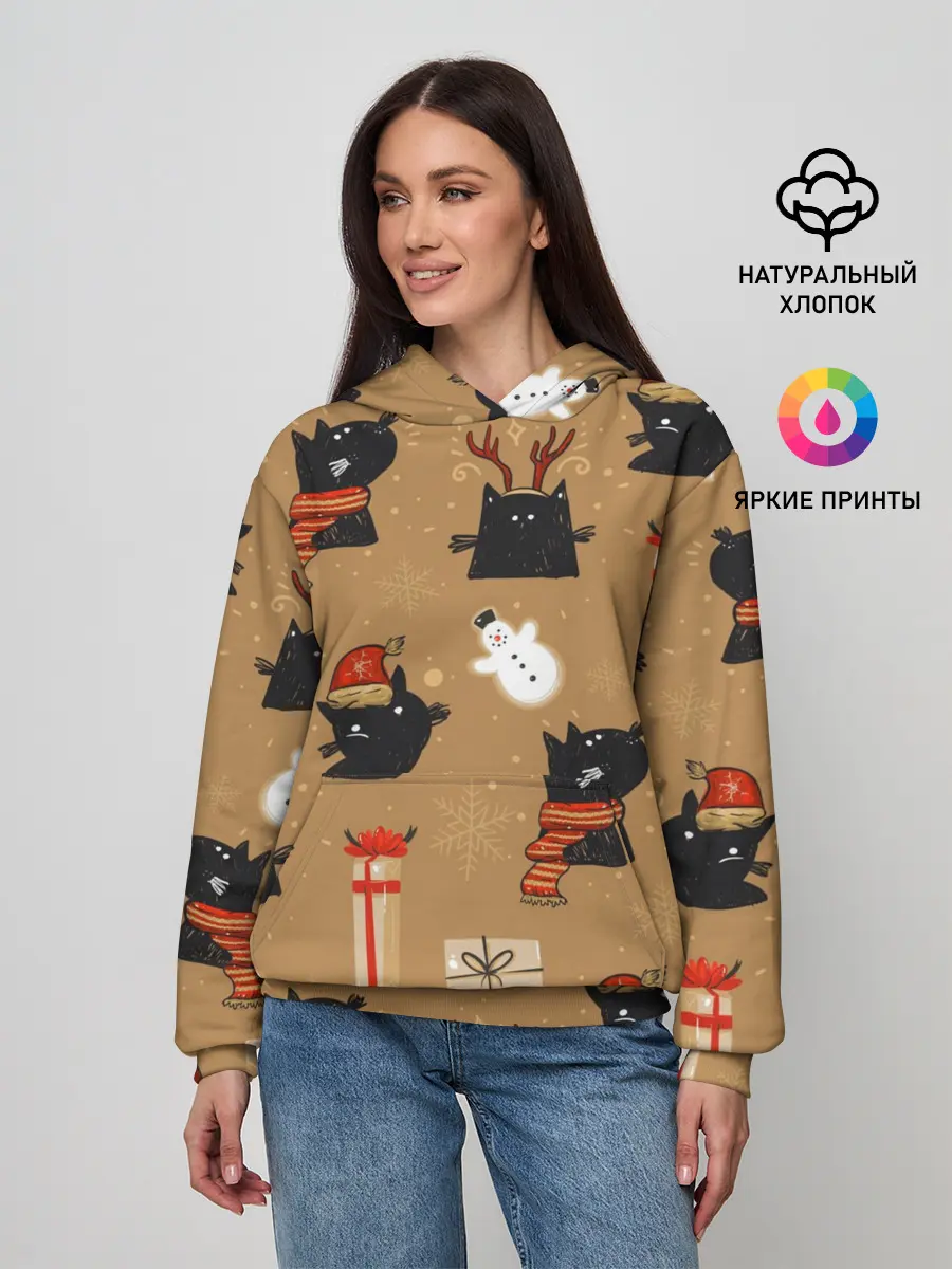 Женское худи / Черные новогодние коты
