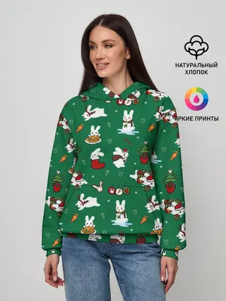 Женское худи / Новогодний паттерн с зайчиками