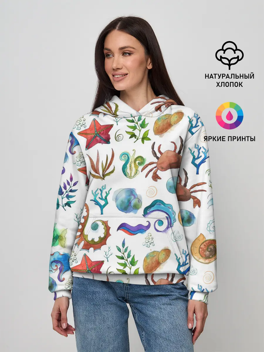 Женское худи / Морской паттерн с крабами и водорослями