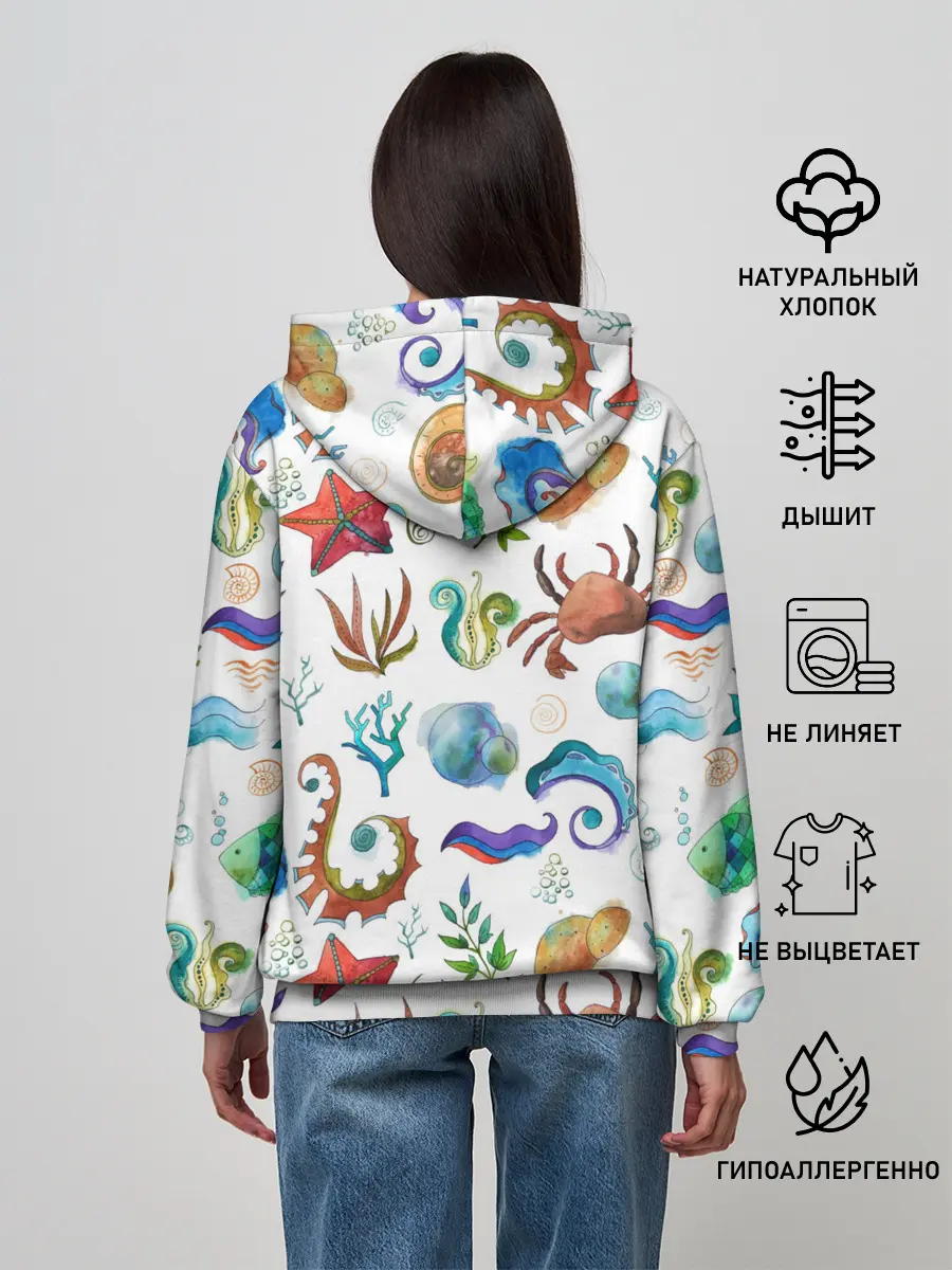 Женское худи / Морской паттерн с крабами и водорослями