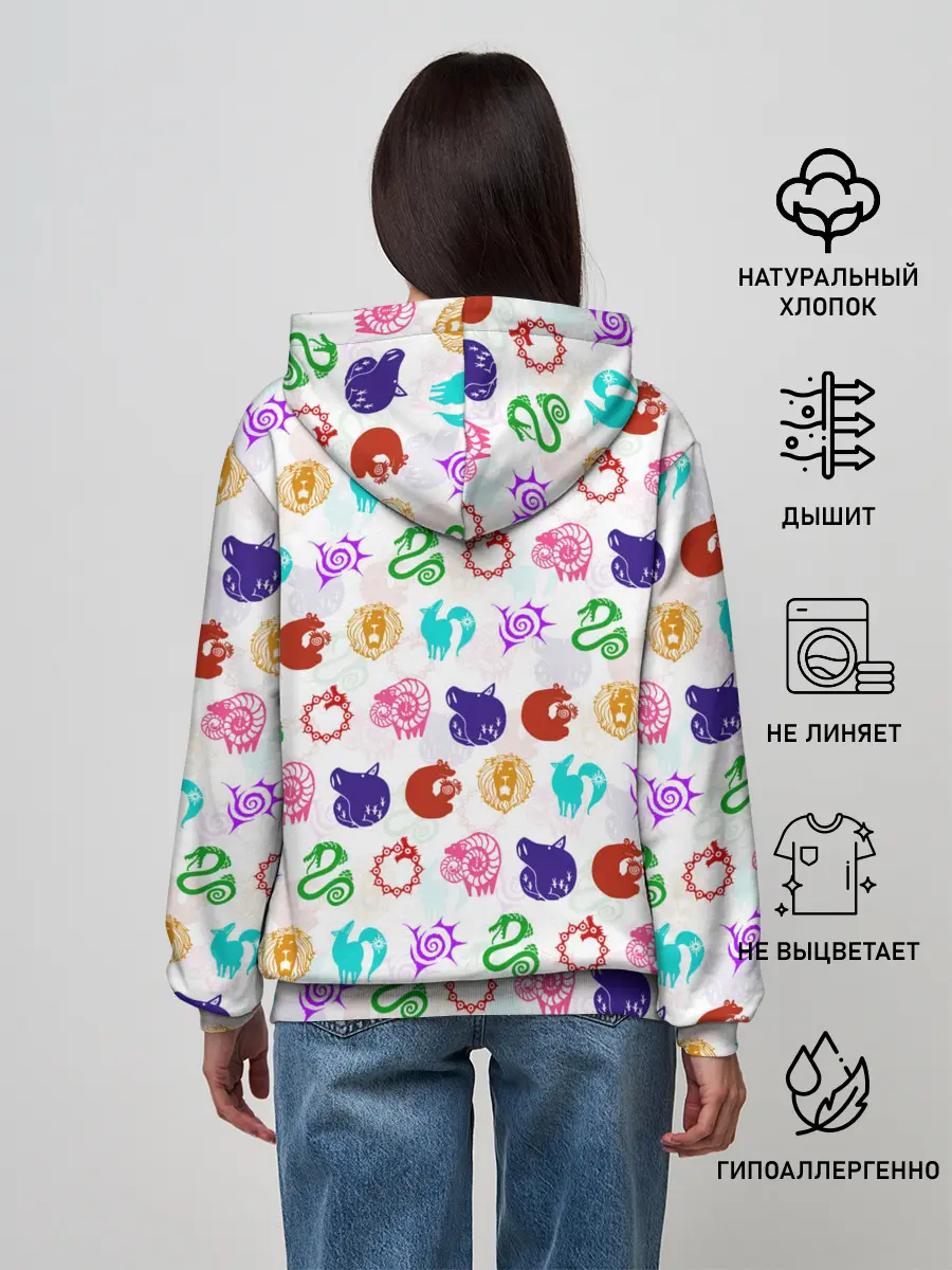 Женское худи / 7 СМЕРТНЫХ ГРЕХОВ ЦВЕТНОЙ ПАТТЕРН СИМВОЛЫ