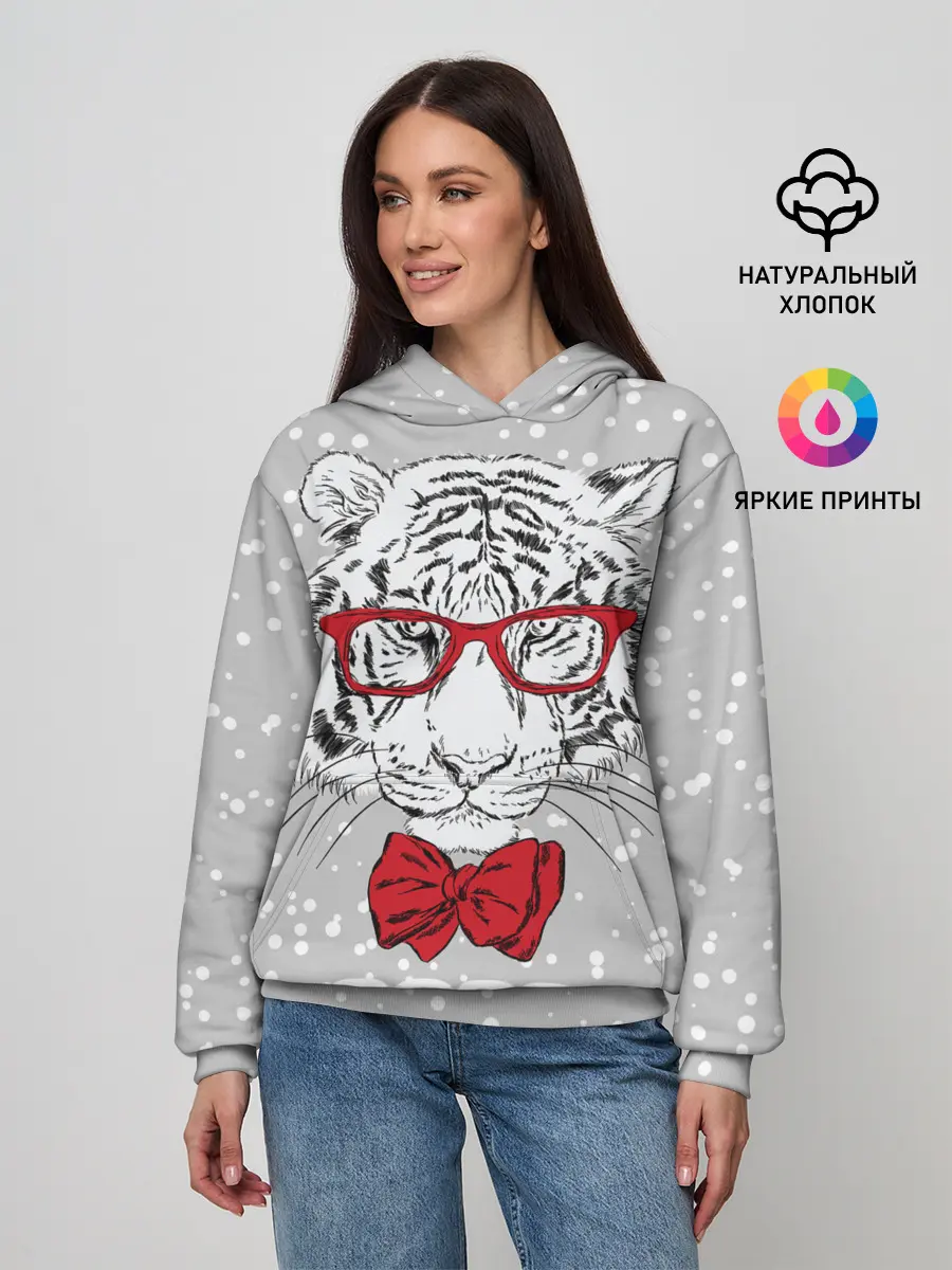 Женское худи / Белый тигр с красным бантом