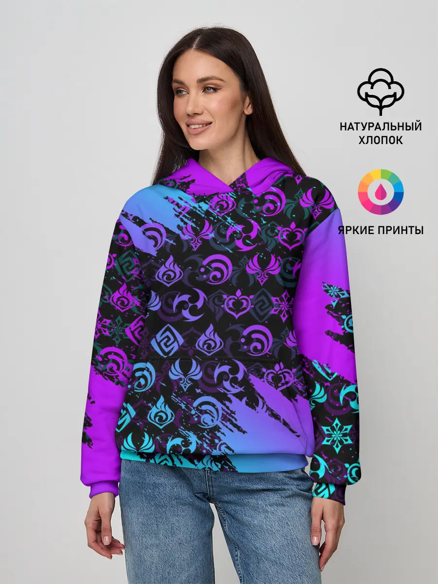Женское худи / GENSHIN NEON PATTERN SYMBOL / НЕОН ЭМБЛЕМЫ