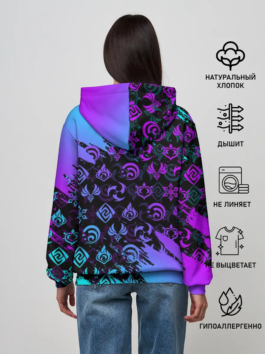 Женское худи / GENSHIN NEON PATTERN SYMBOL / НЕОН ЭМБЛЕМЫ
