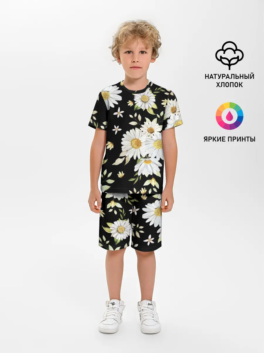 Детская пижама с шортами / Ромашки на черном фоне