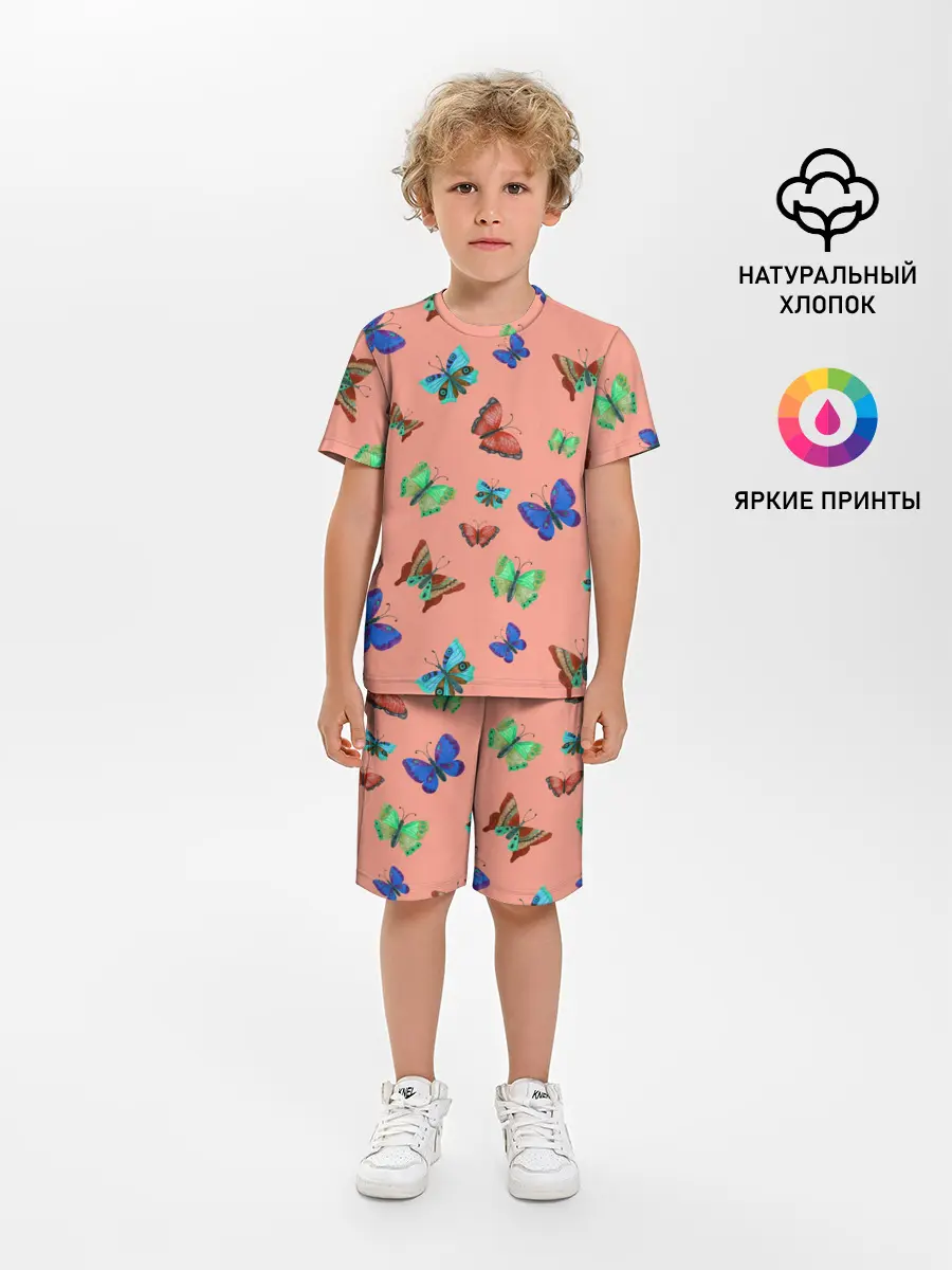 Детская пижама с шортами / Бабочки на персиковом фоне