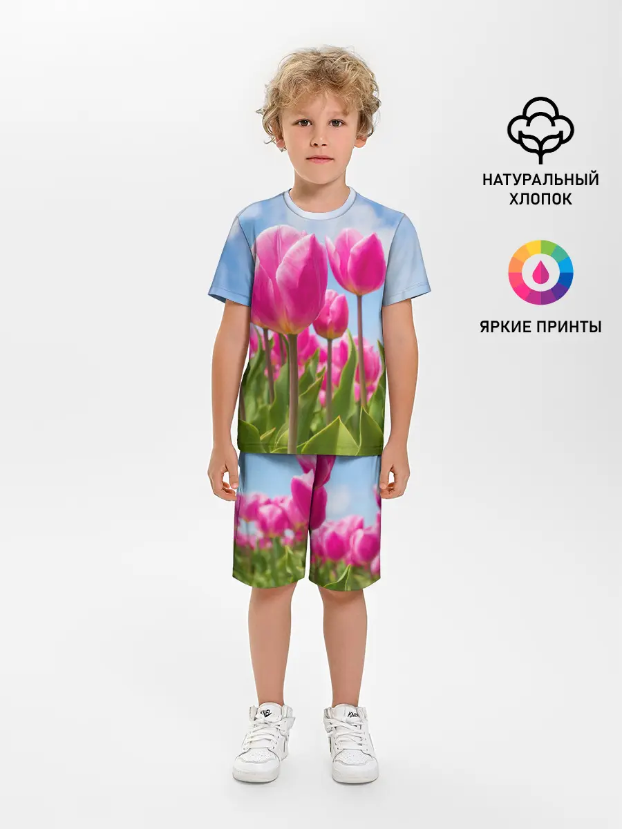 Детская пижама с шортами / Розовые тюльпаны