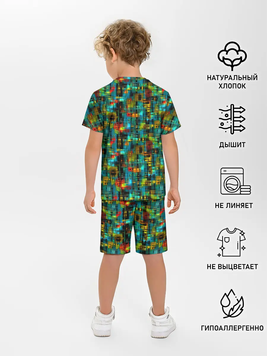 Детская пижама с шортами / Разноцветные штрихи на бирюзе