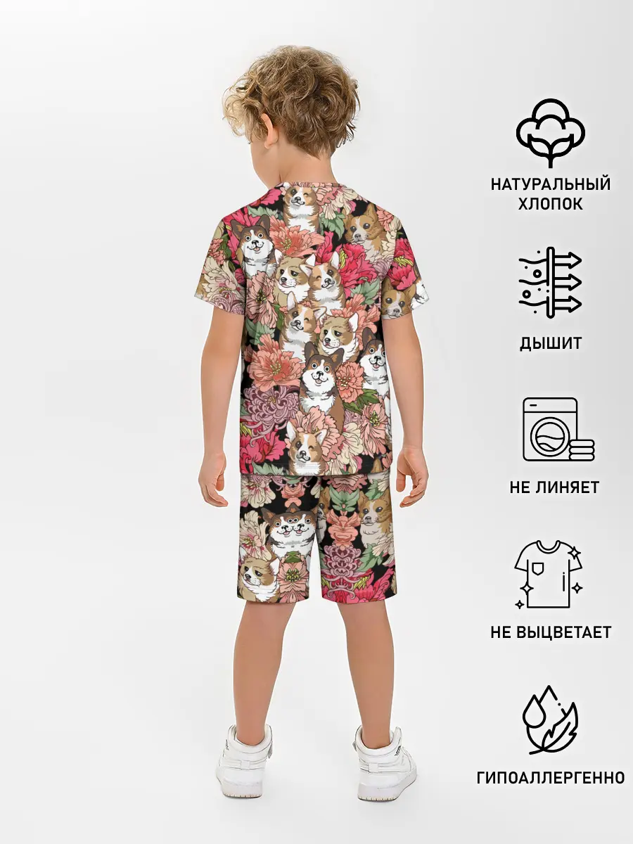 Детская пижама с шортами / Корги & Цветы