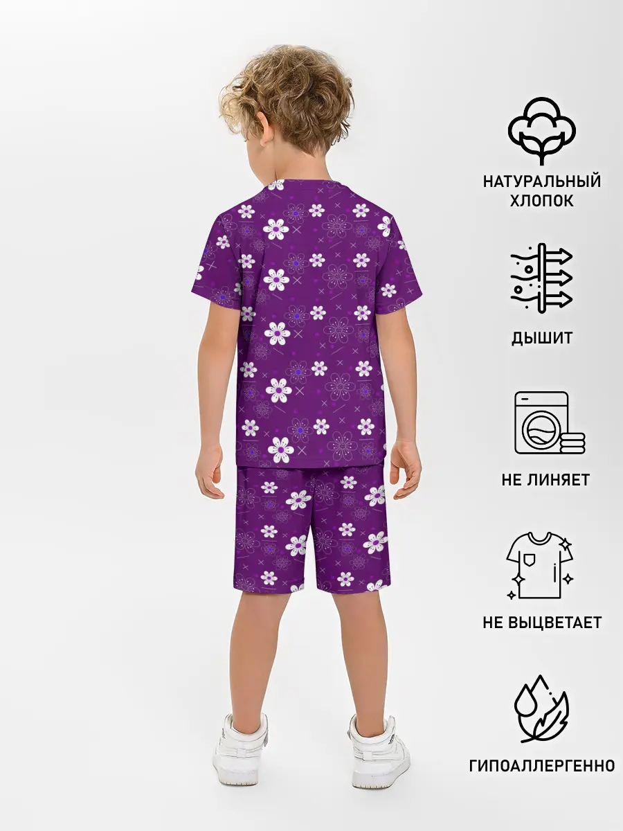 Детская пижама с шортами / узор цветы на фиолетовом фоне