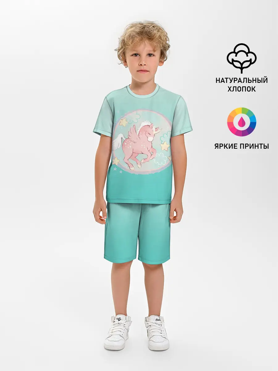 Детская пижама с шортами / розовый единорог в небесах