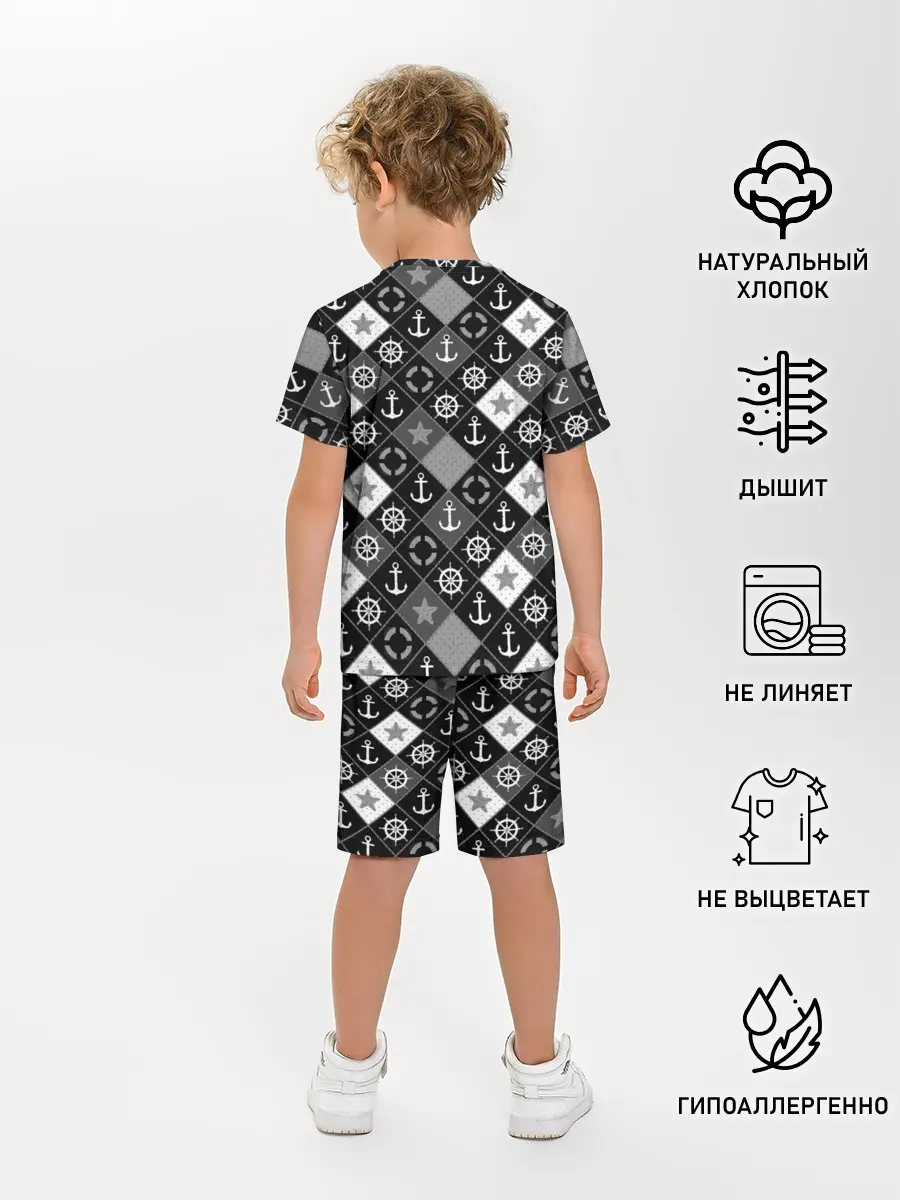 Детская пижама с шортами / Черно-белый морской плед