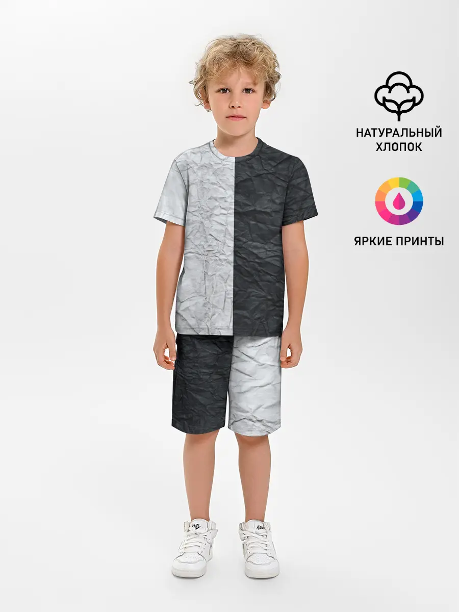 Детская пижама с шортами / Мятая Черно-Белая Бумага