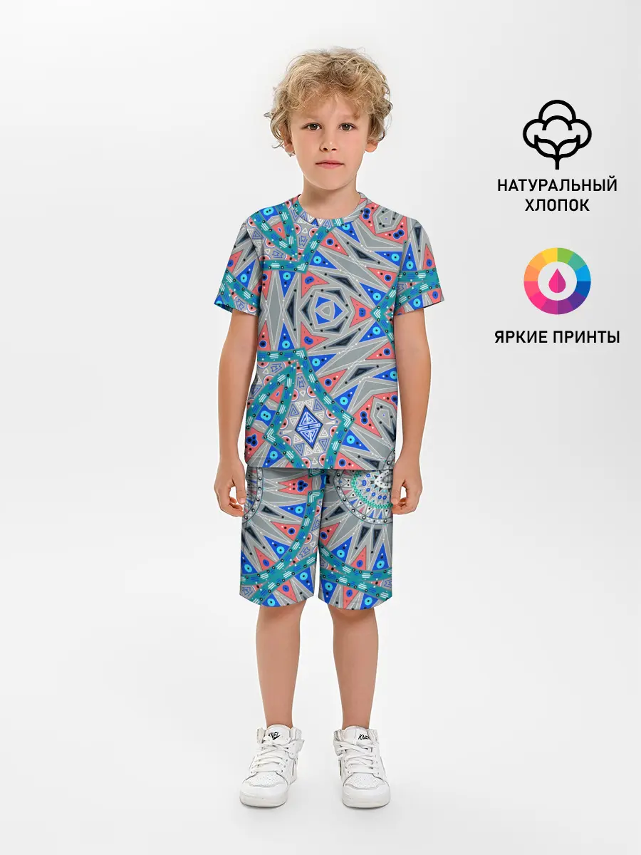 Детская пижама с шортами / Серо-синий абстрактный узор