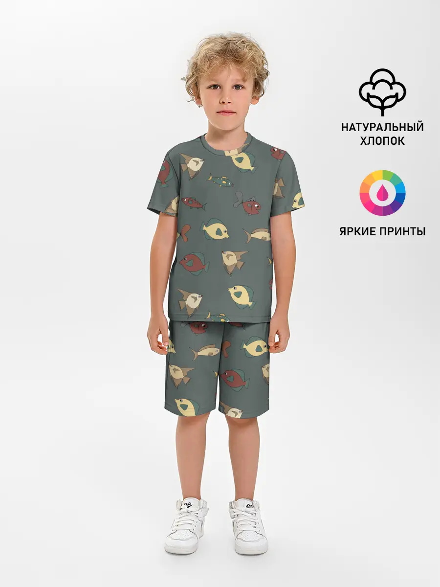 Детская пижама с шортами / Морские рыбки на зеленом фоне