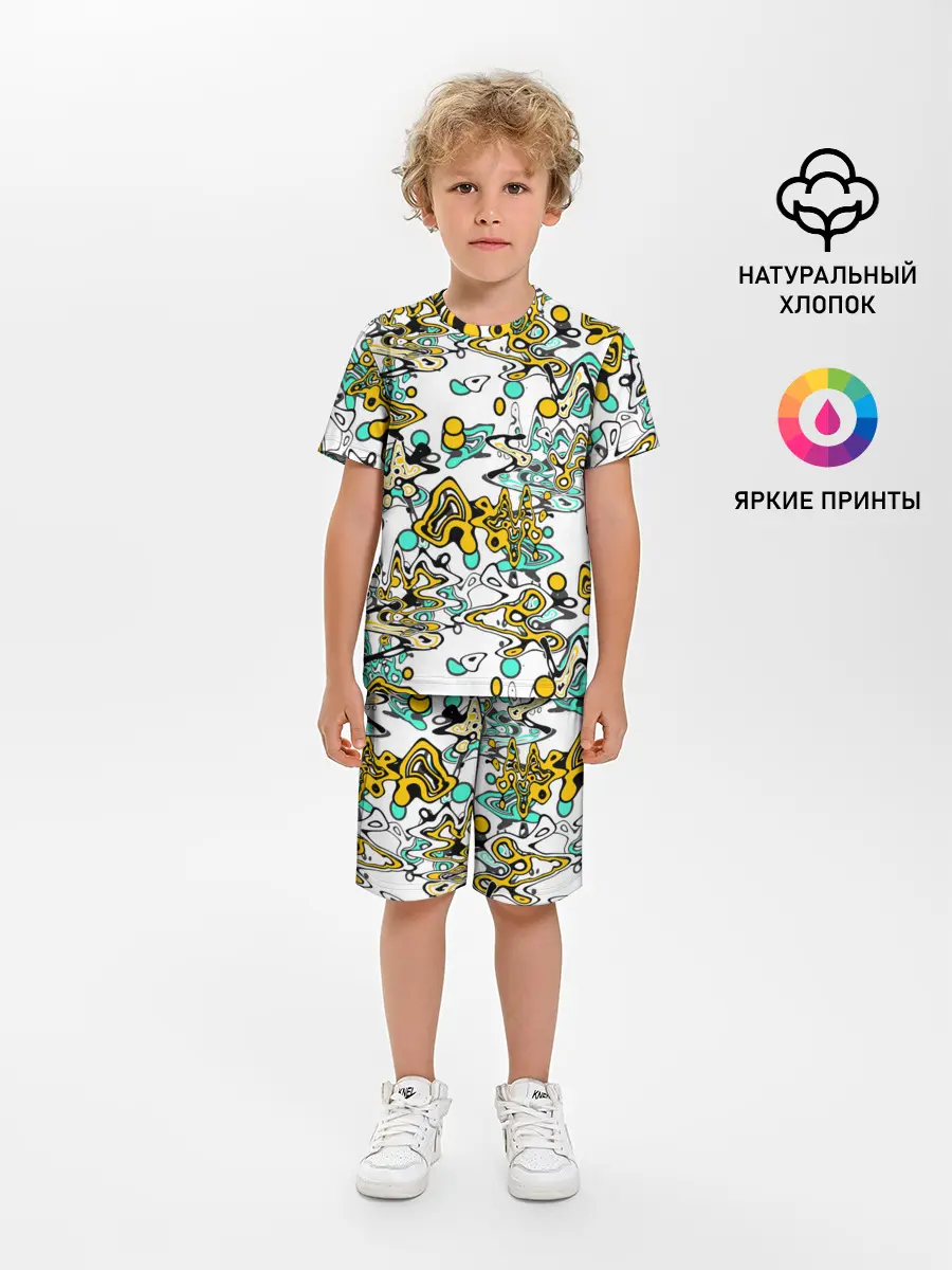 Детская пижама с шортами / Бирюзово-желтый узор