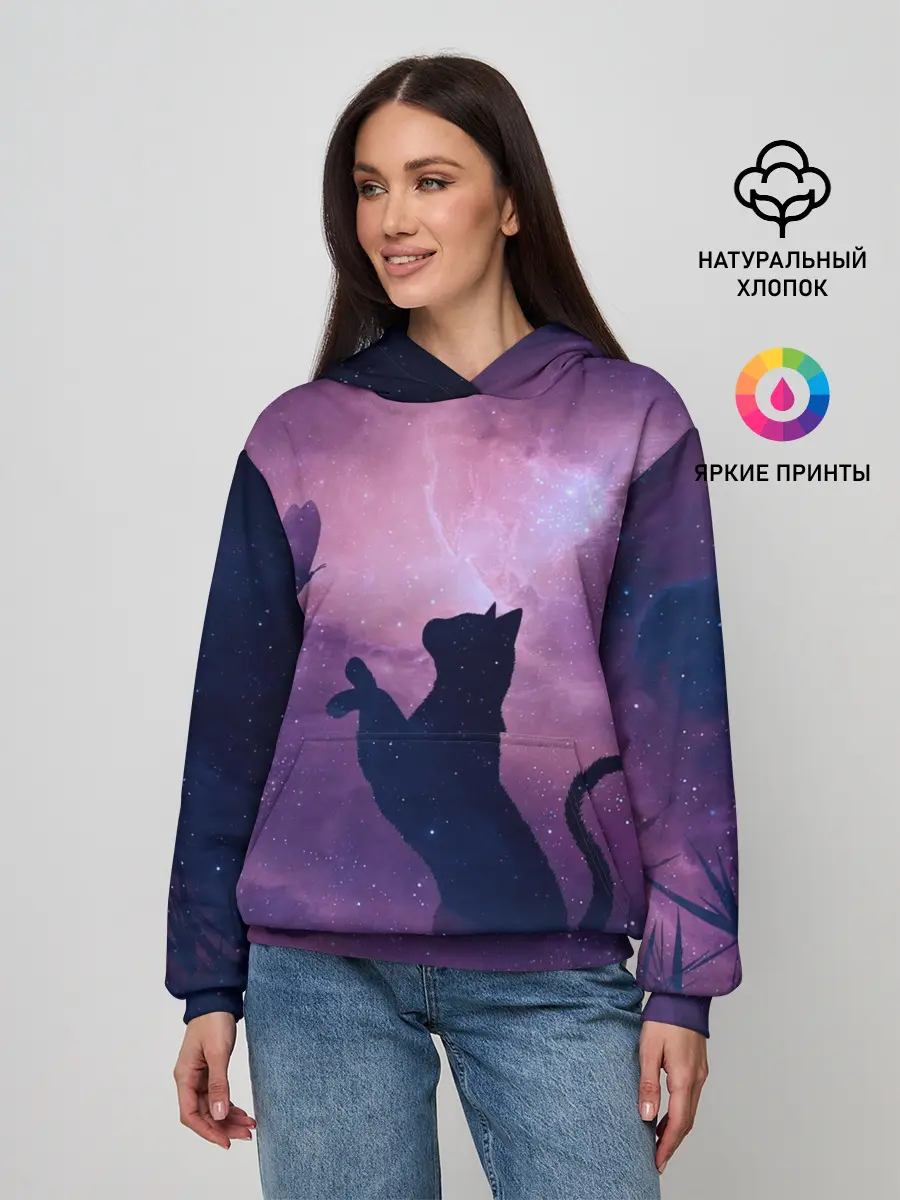 Женское худи / Кошка играет с бабочкой