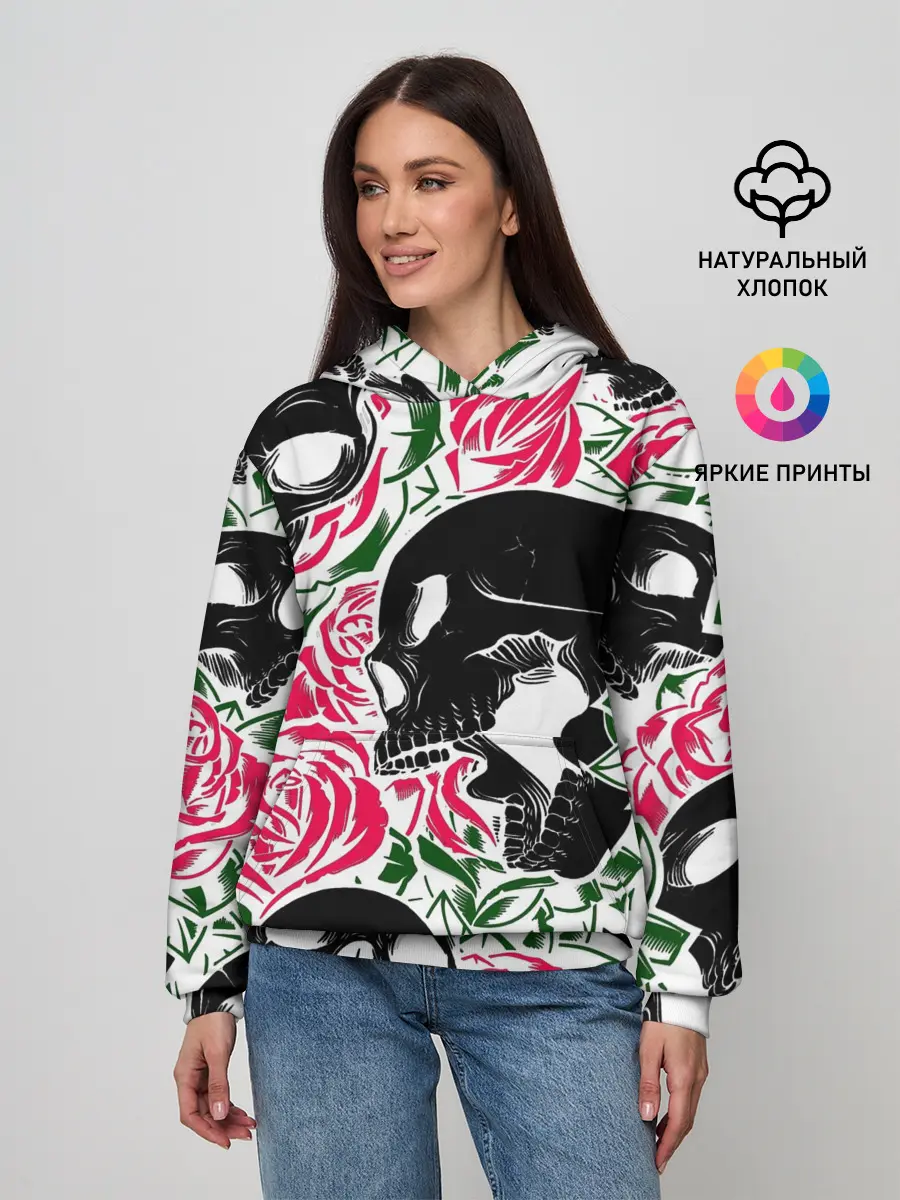 Женское худи / Череп, розы, цветы, зубы