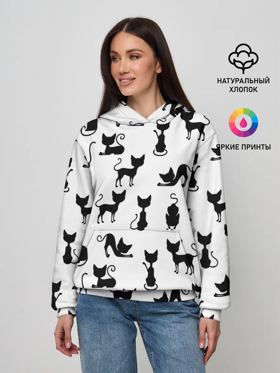 Женское худи / КОШКИ БЕЛОЕ НА ЧЕРНОМ