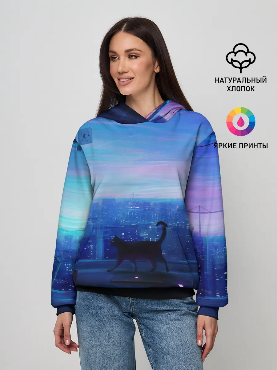 Женское худи / Кошка арт окно