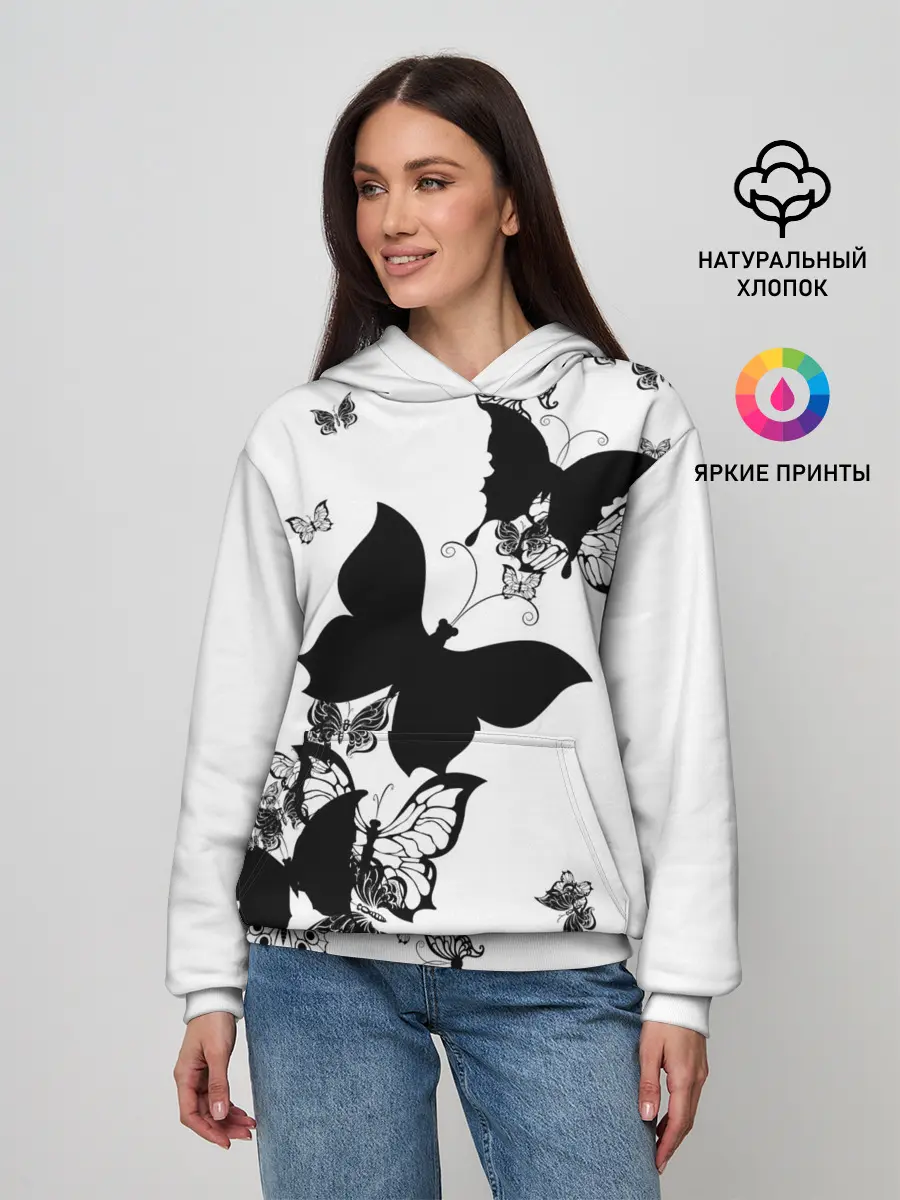 Женское худи / Черные бабочки на белом