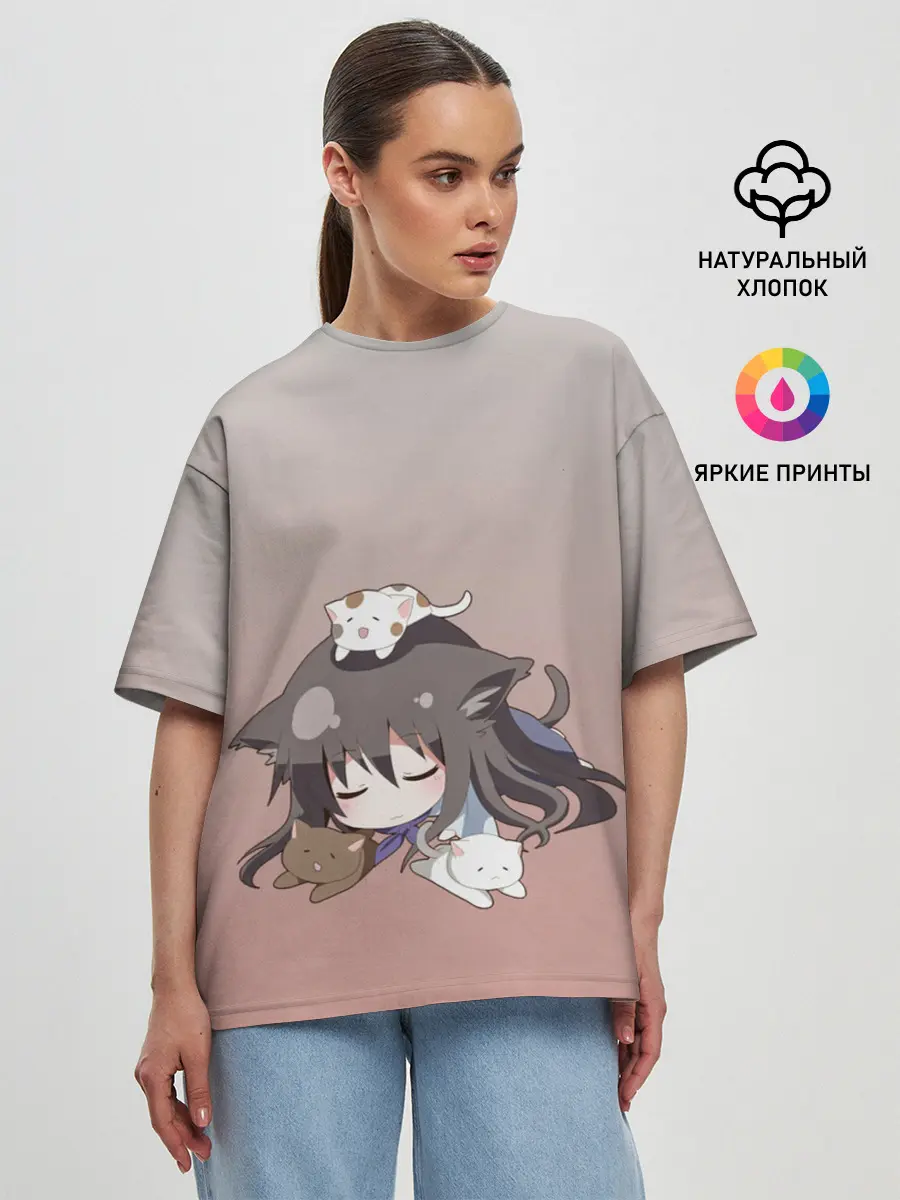 Женская футболка оверсайз / малышка спит ушки котики