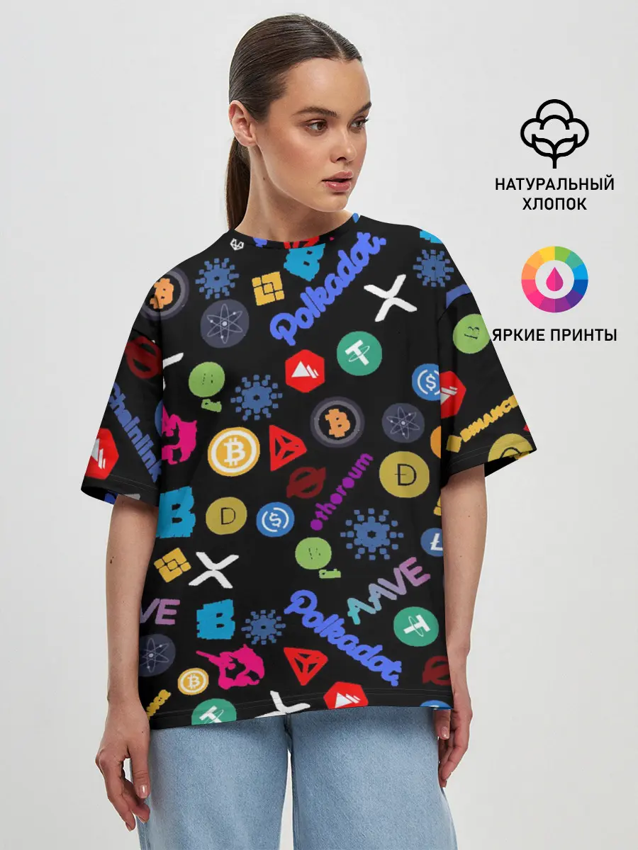 Женская футболка оверсайз / BITCOIN PATTERN | БИТКОИН