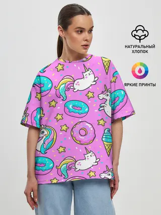 Женская футболка оверсайз / Единороги с пончиками