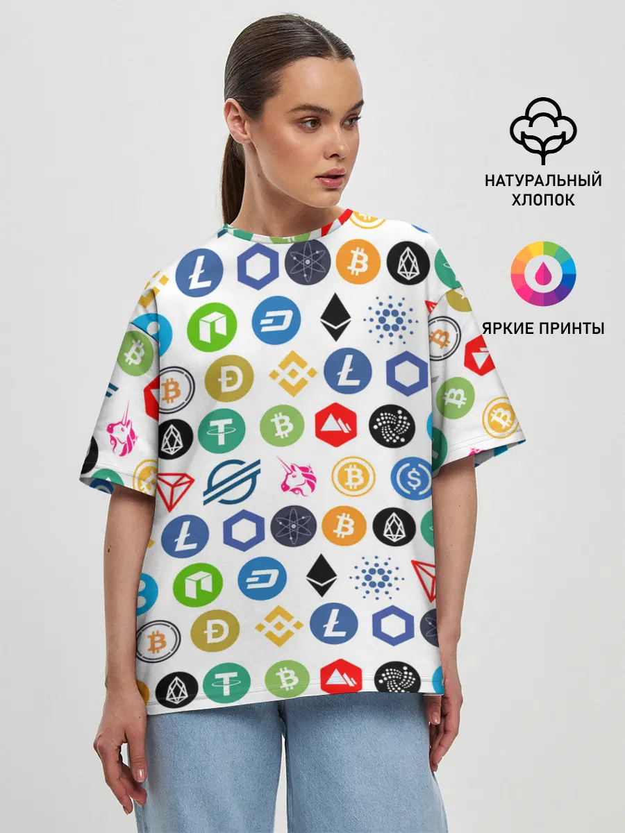 Женская футболка оверсайз / BITCOIN PATTERN | БИТКОИН