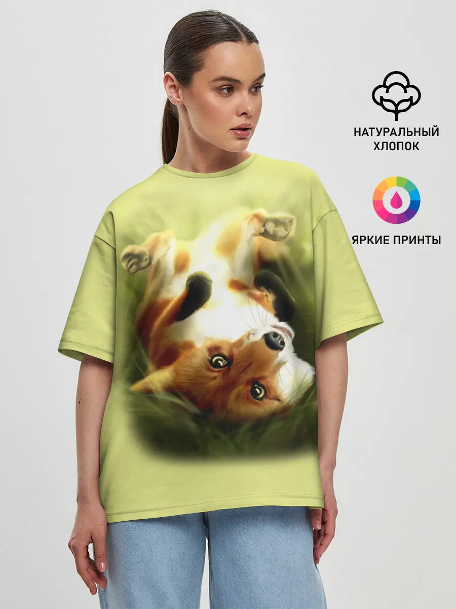 Женская футболка оверсайз / Лиса на траве