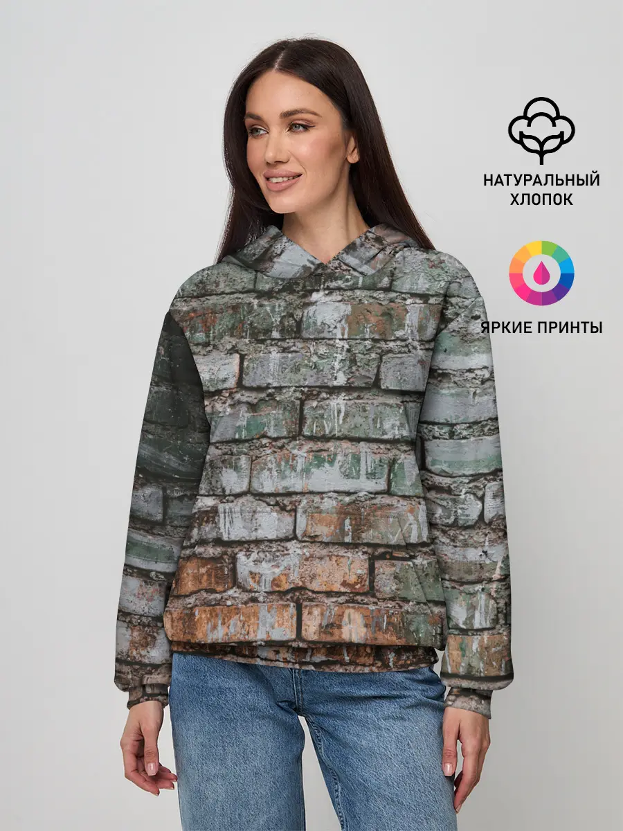 Женское худи / кирпичная стена потеки краска