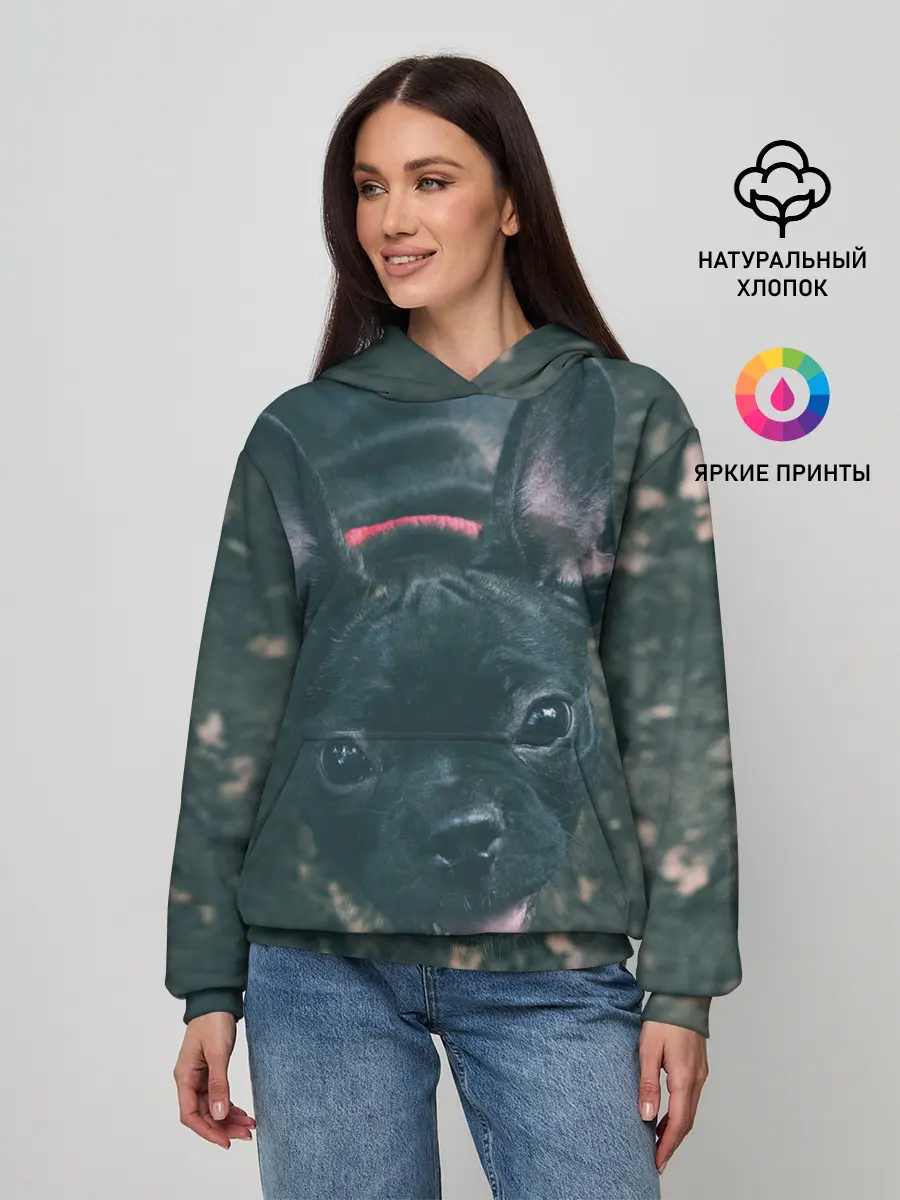 Женское худи / Бульдог морда собакена черного