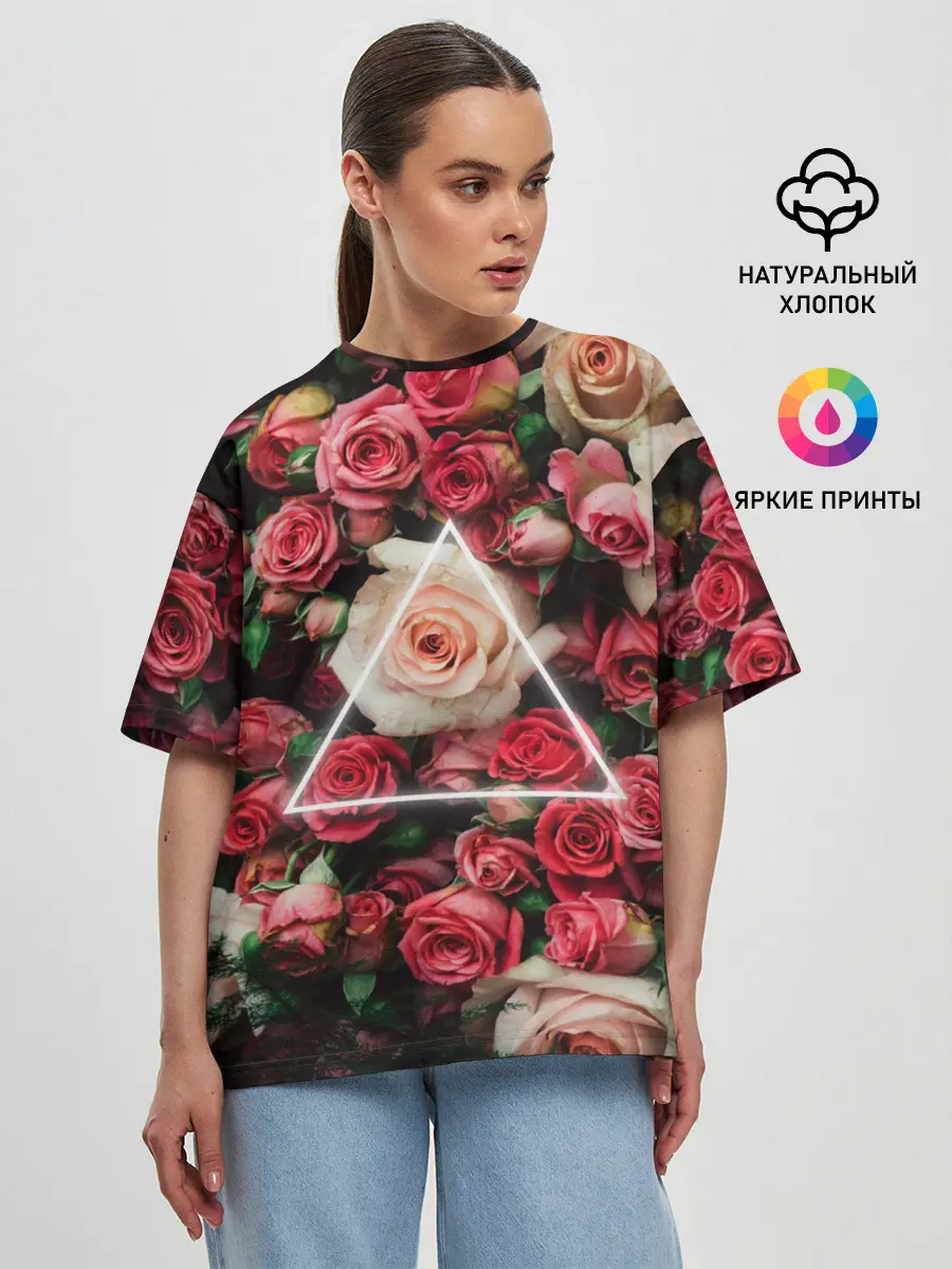 Женская футболка оверсайз / ROSE NEON | РОЗЫ НЕОН