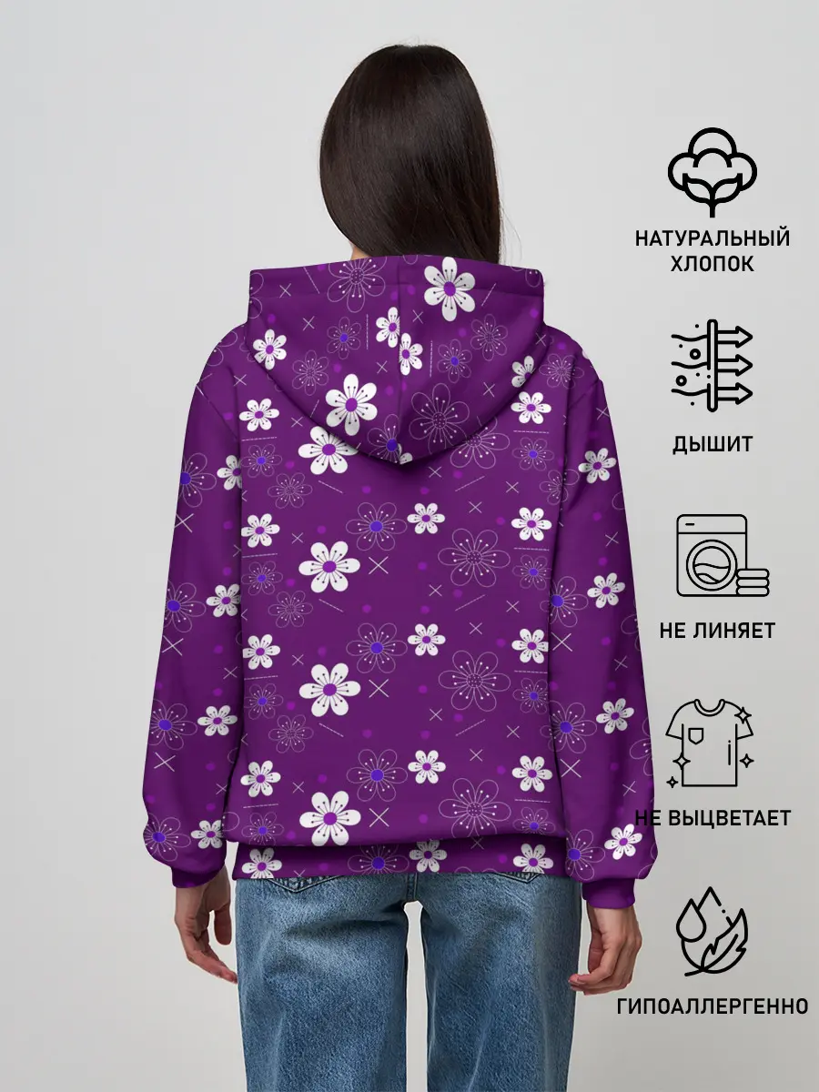 Женское худи / узор цветы на фиолетовом фоне