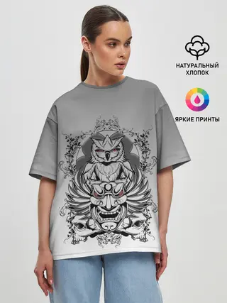Женская футболка оверсайз / маска сова смерть череп