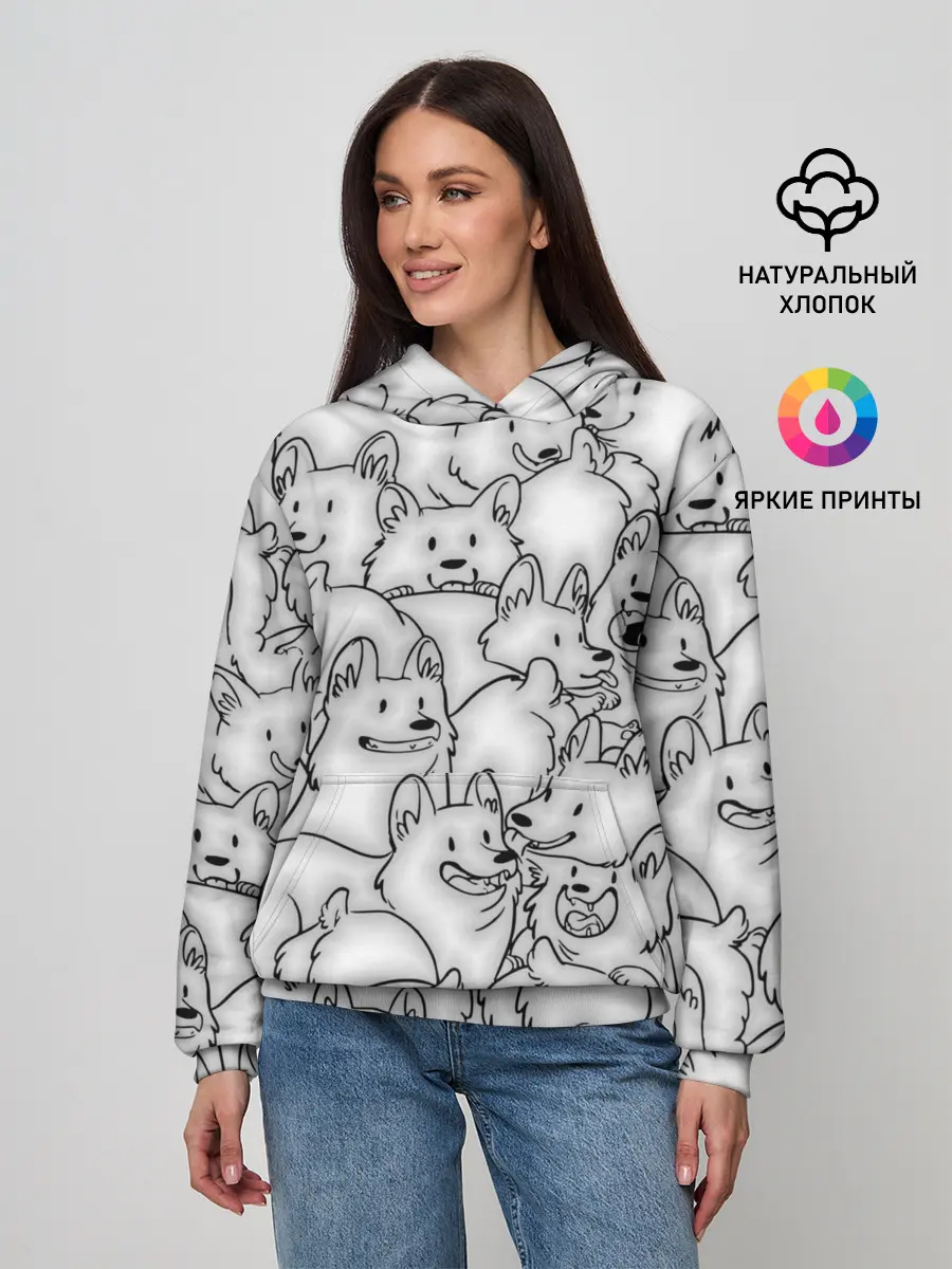 Женское худи / Корги ЧБ