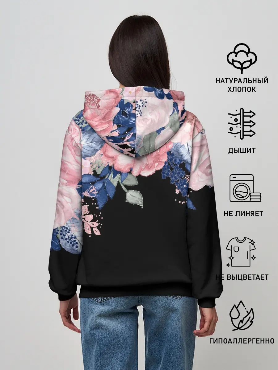 Женское худи / цветы на черном