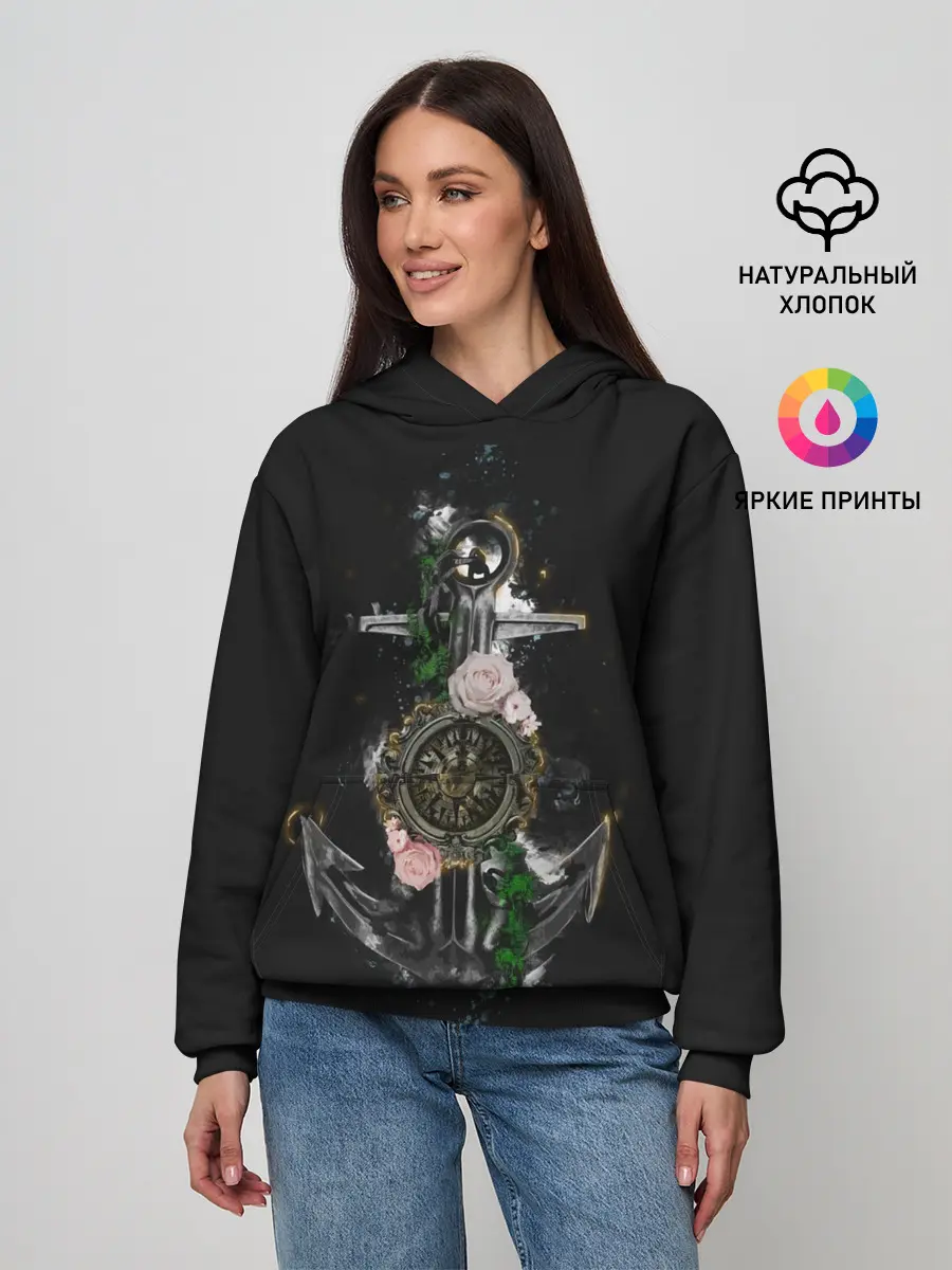 Женское худи / якорь с компасом и цветами