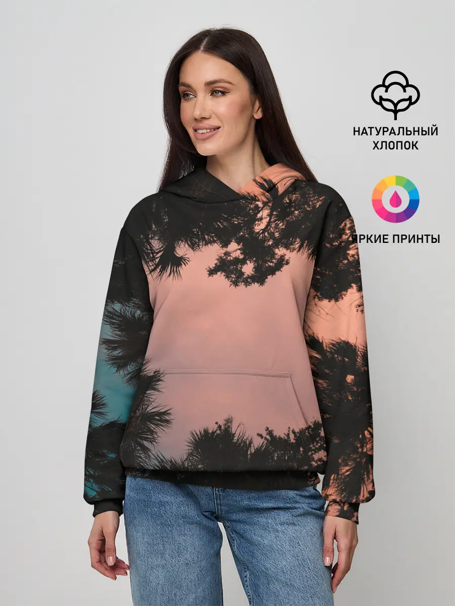 Женское худи / Пальмы вид снизу закат