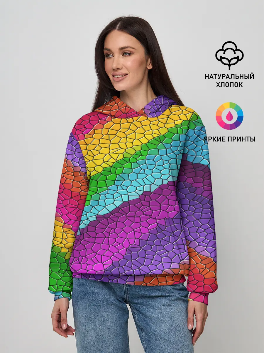 Женское худи / Яркая мозаика радуга диагональ