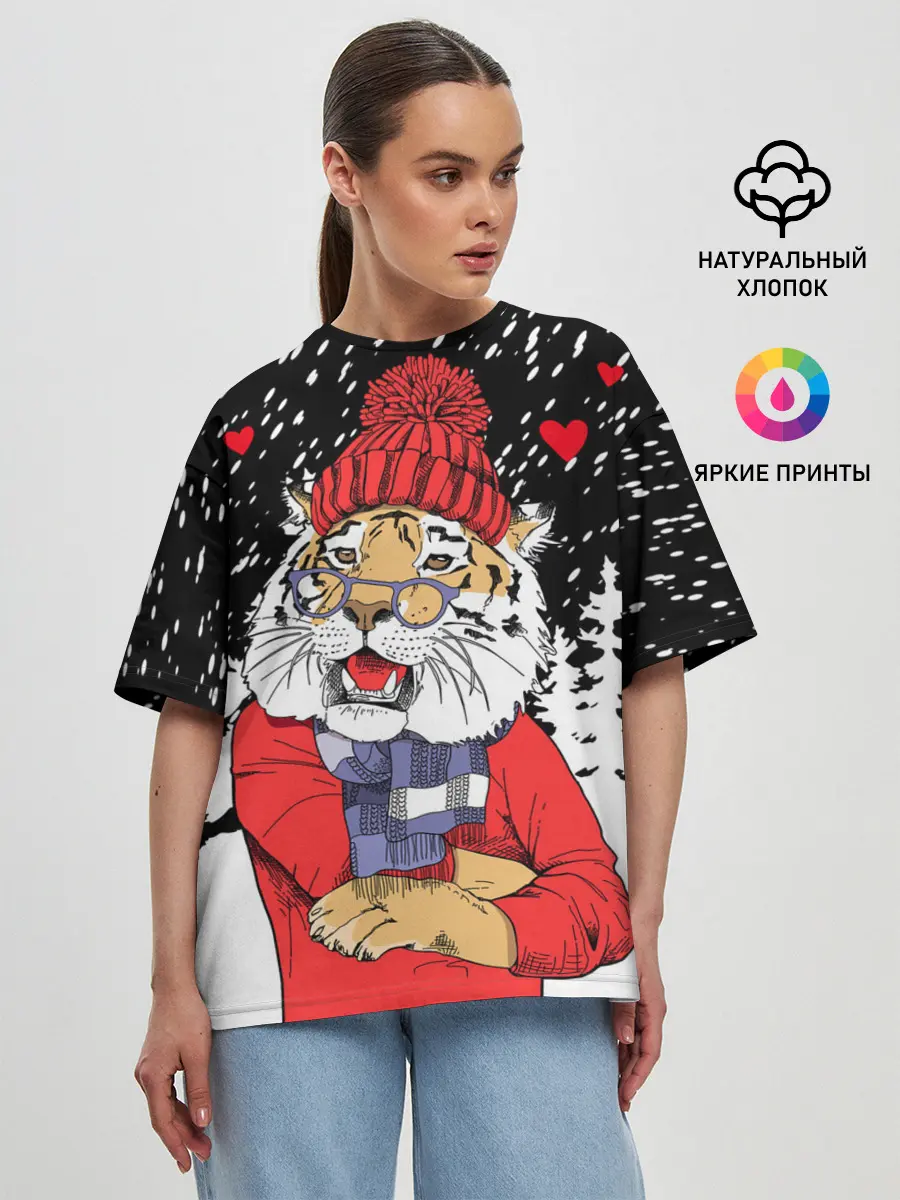 Женская футболка оверсайз / Тигр в красном
