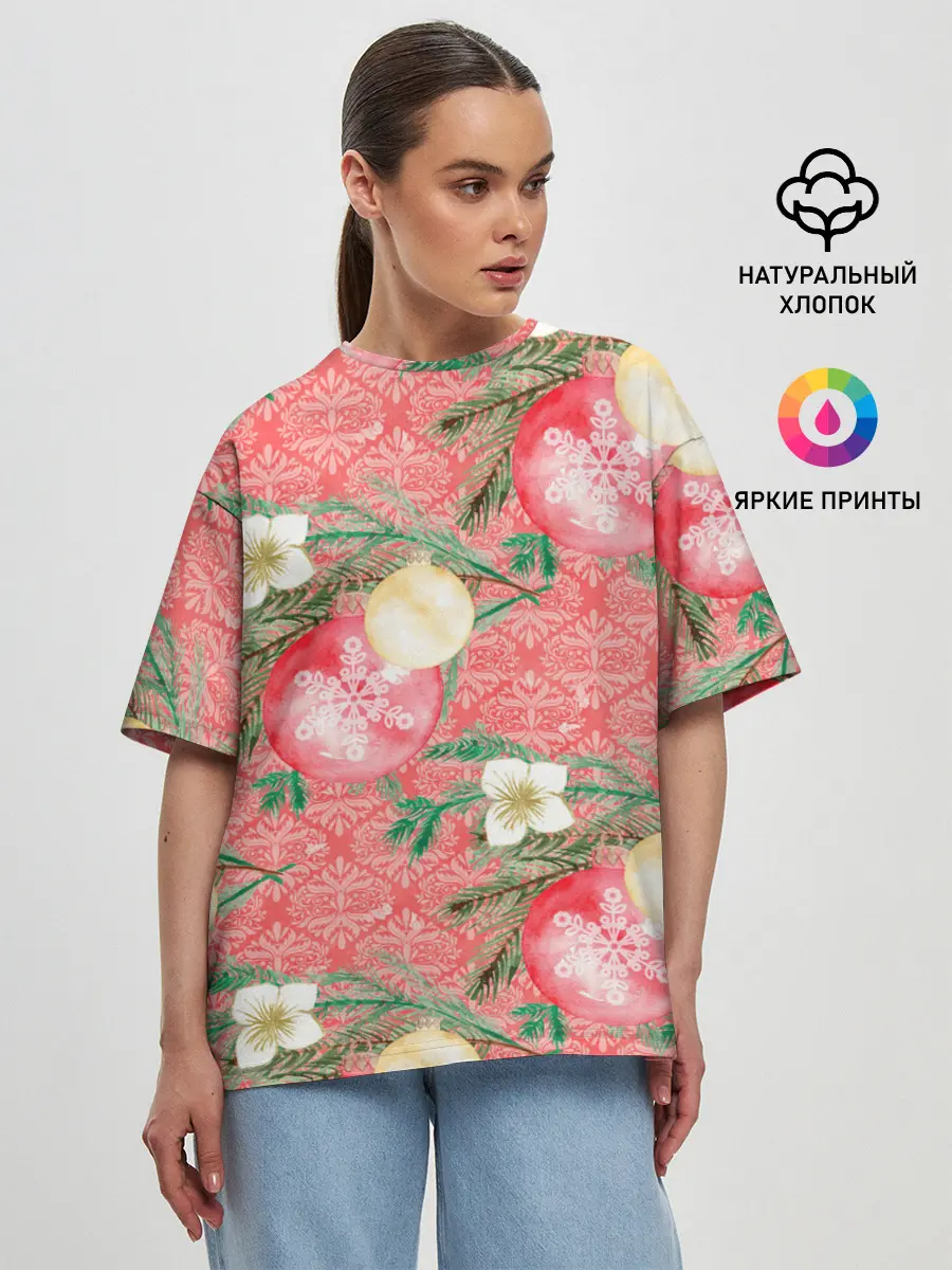 Женская футболка оверсайз / Новогодние красные шары