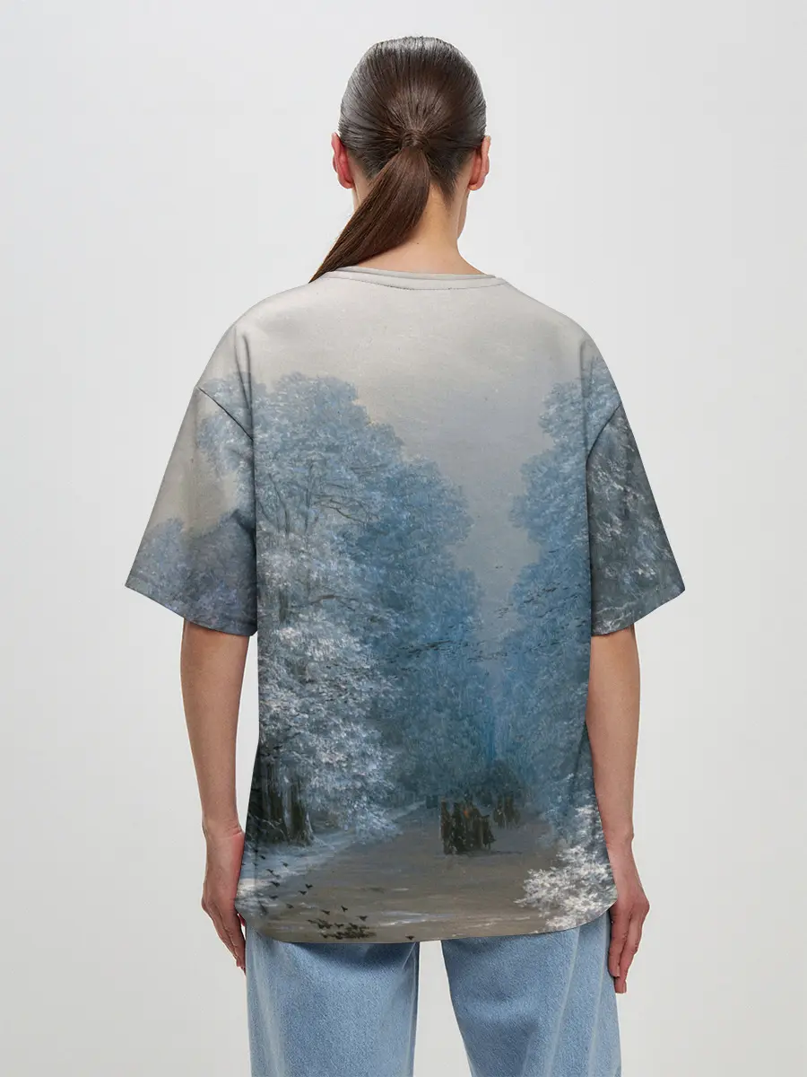 Женская футболка оверсайз / Зимний пейзаж картина маслом