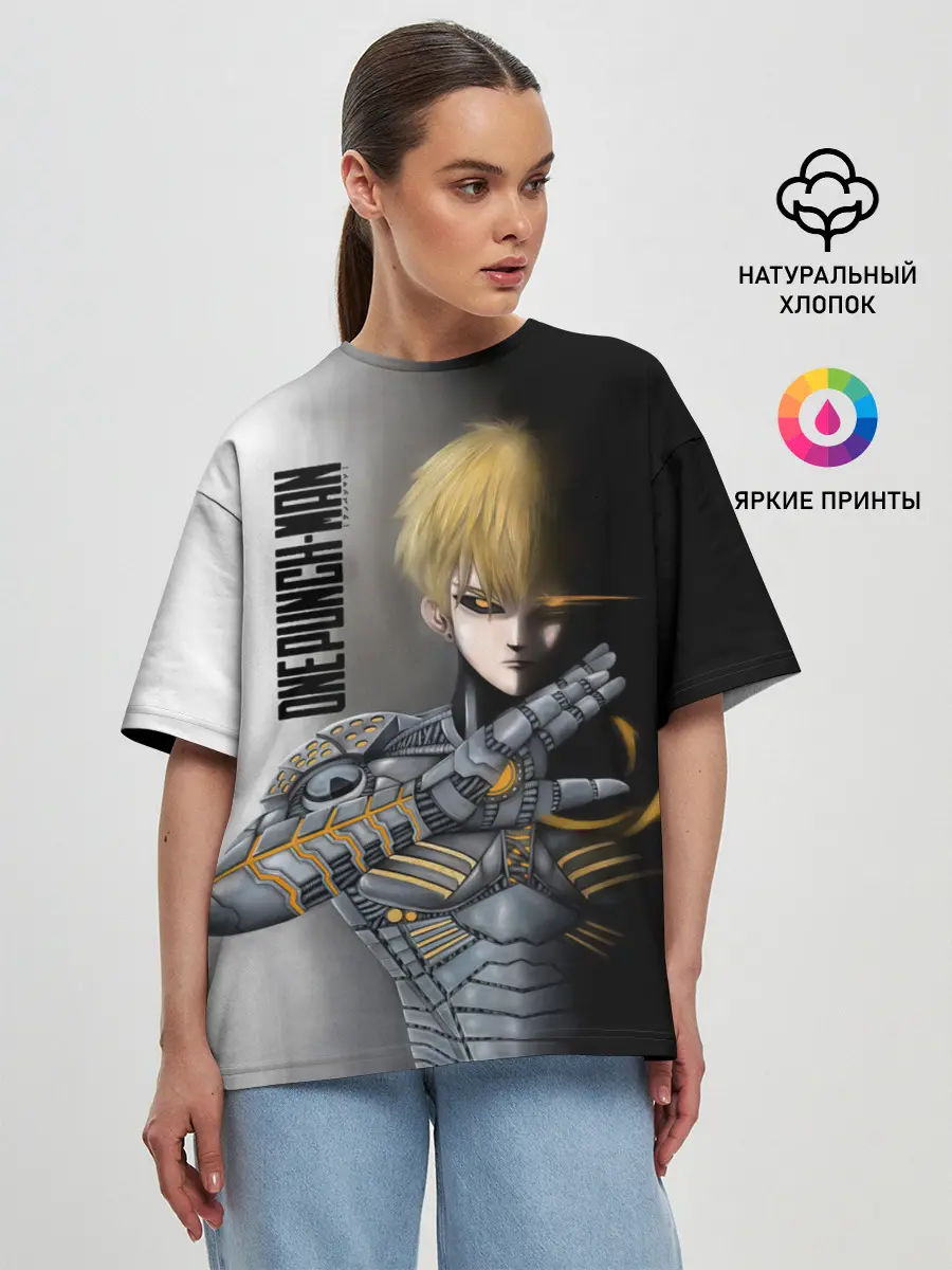 Женская футболка оверсайз / Металлическое тело Геноса One Punch-Man