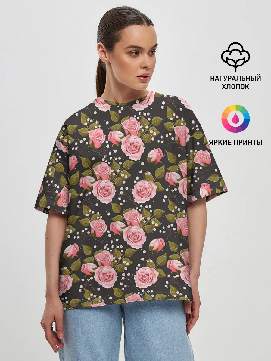 Женская футболка оверсайз / Яркие розовые розы