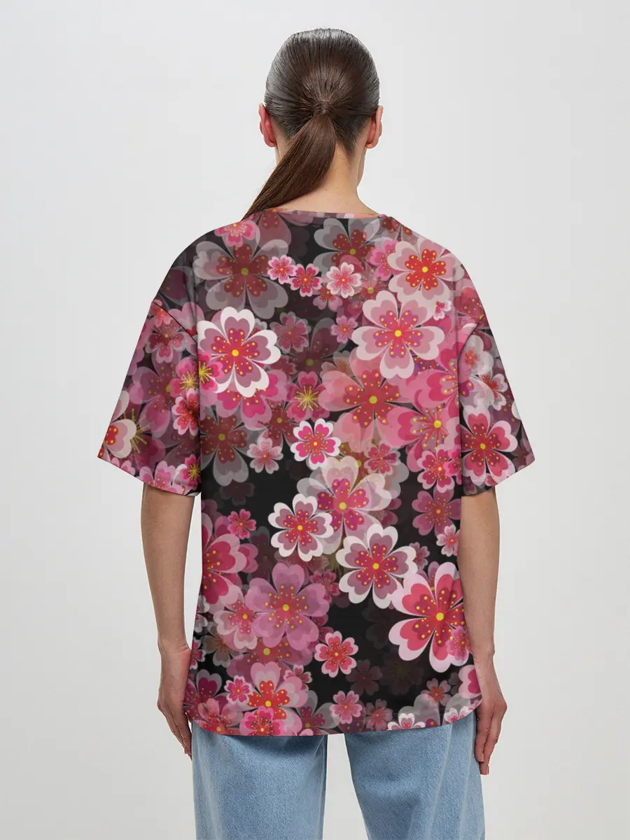 Женская футболка оверсайз / Иероглифы и Сакура 3D