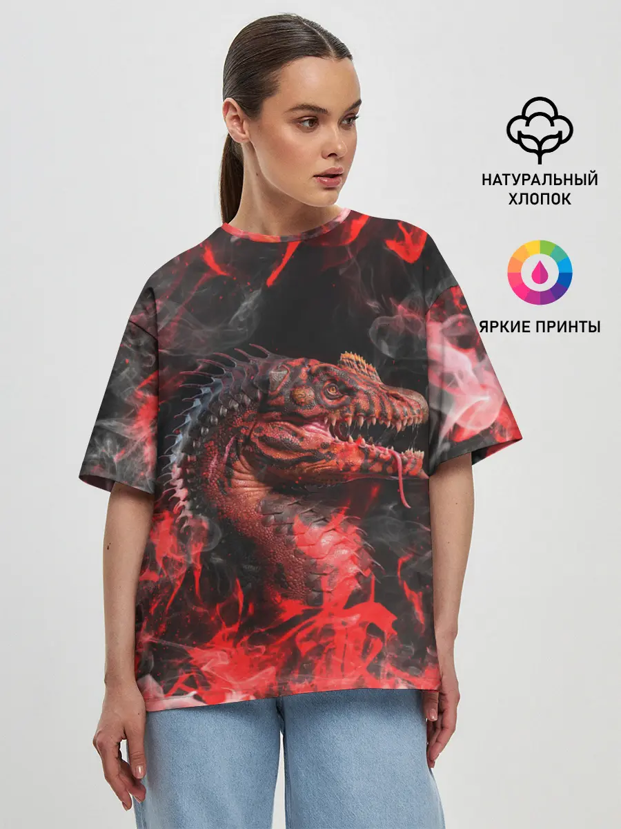 Женская футболка оверсайз / Опасный Динозавр | Red Dino