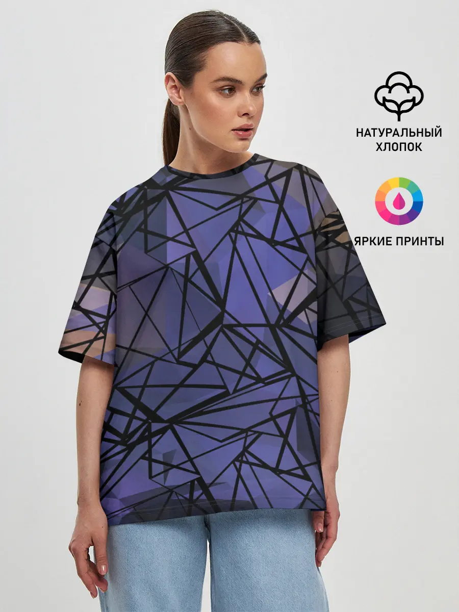Женская футболка оверсайз / Синий-бежевый абстрактный узор