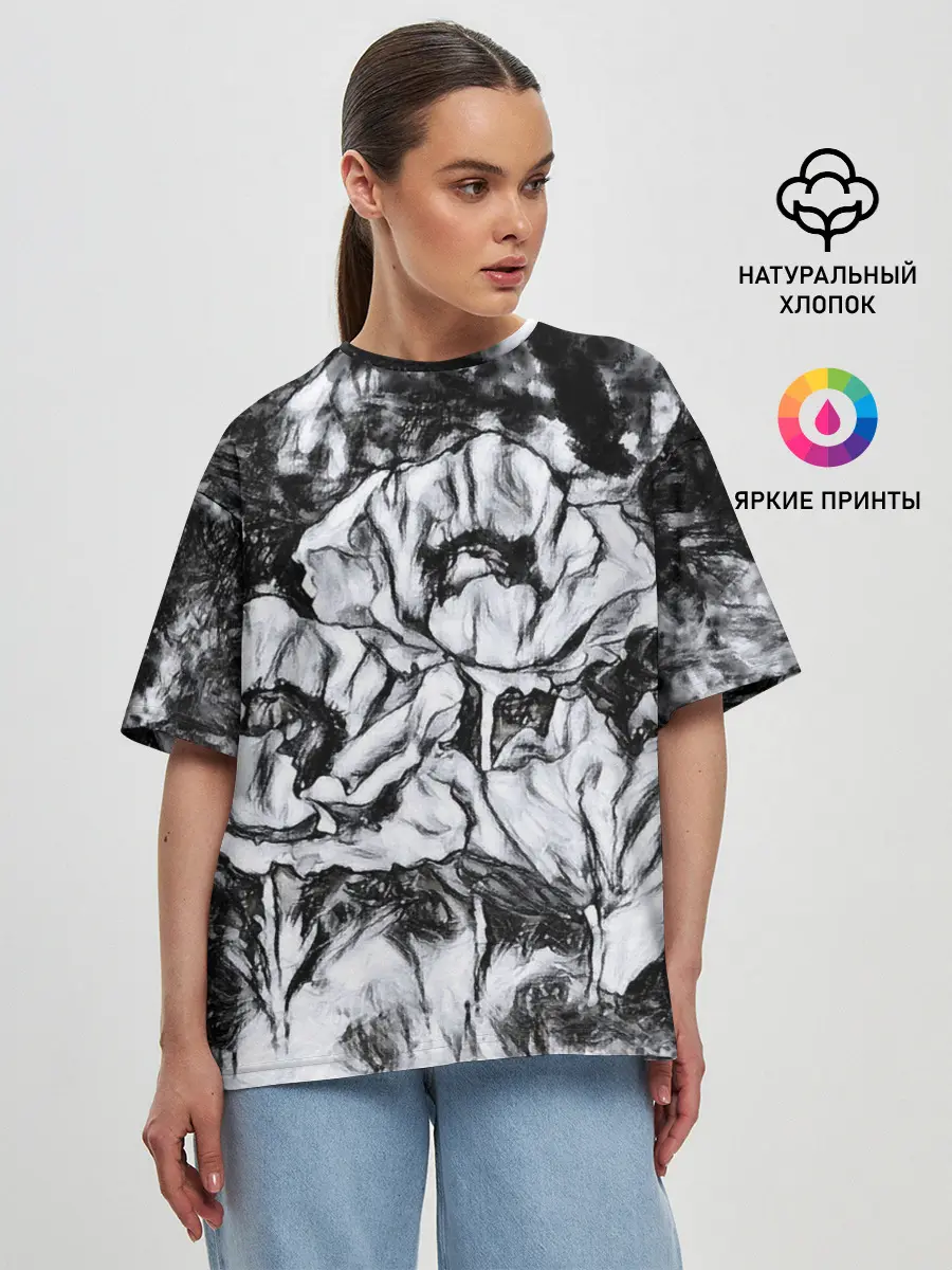 Женская футболка оверсайз / Черно-белый узор. Маки.