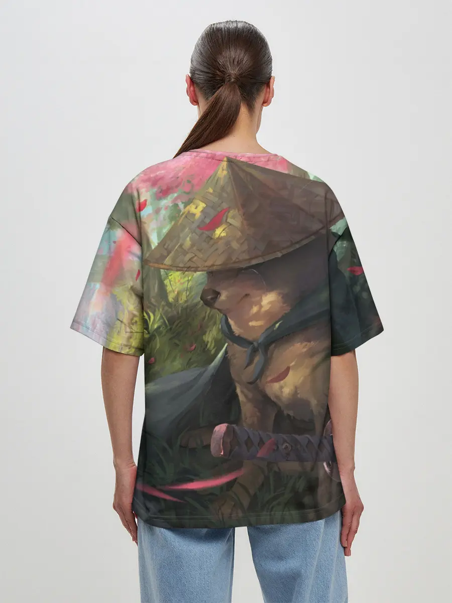 Женская футболка оверсайз / Собака Самурай плачет мем